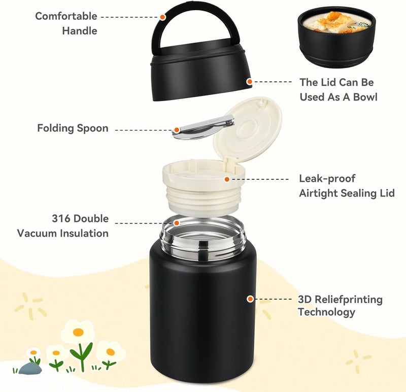 Aimsnk 17oz Soup Thermo for Hot Food Kids Insulated Food Jar,Thermo Hot Food Lunch Container, Width Mouth Stainless Steel Lunch Box for Kids with Handle Folding Spoon(Black-Pure) - Image 3